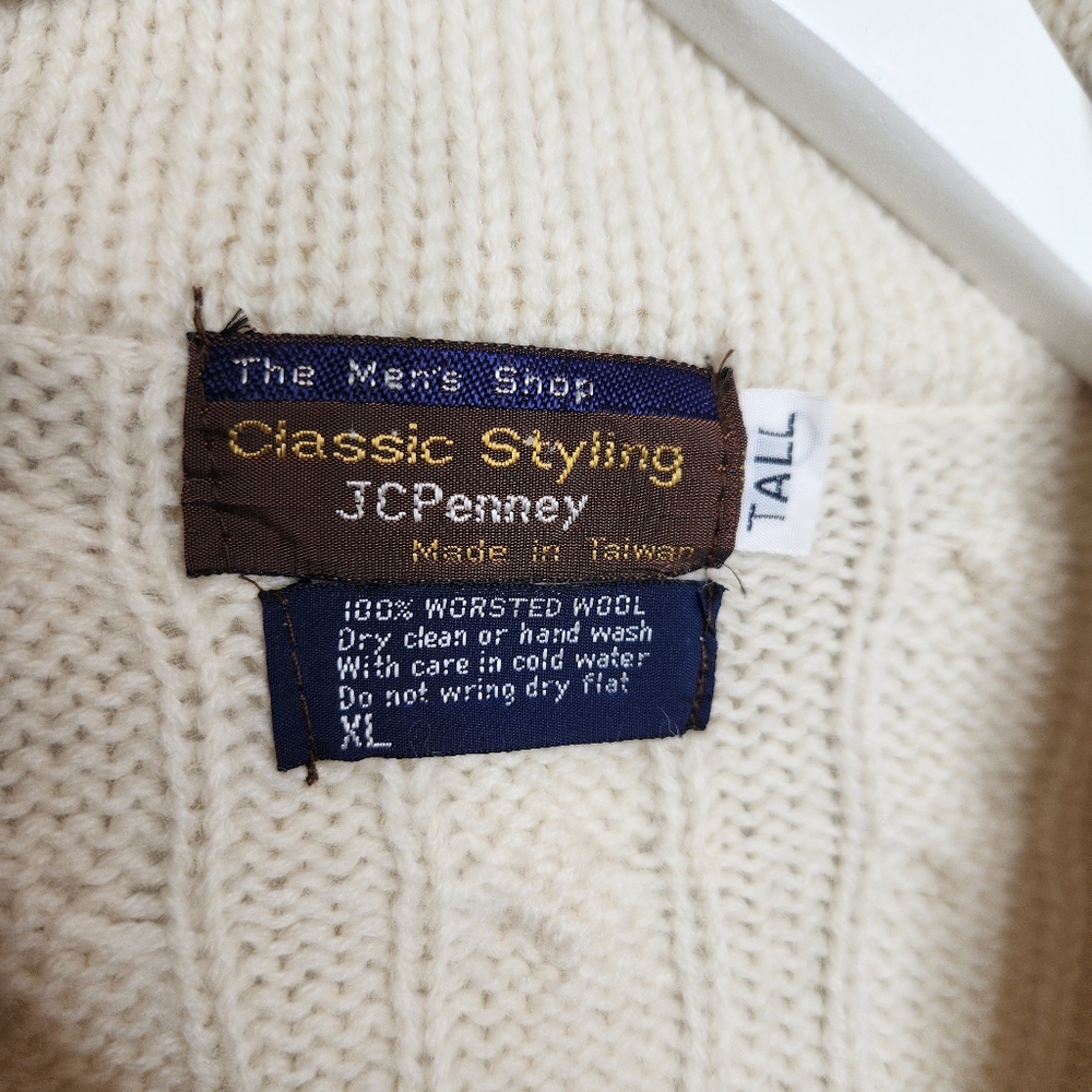 Mens JC Penney 100% Worsted Wool Button Cardigan Sweater Oatmeal Cream XL Tall - Picture 7 of 9